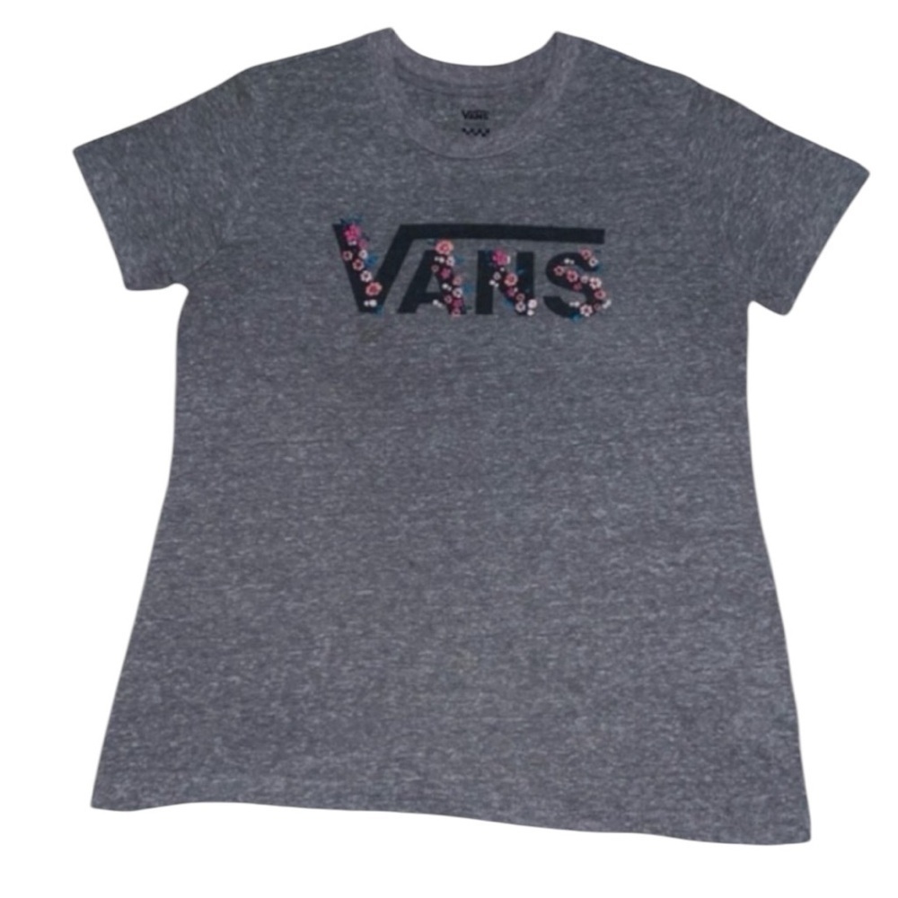 📌 Vans Women’s Small Heather Gray Floral Logo Graphic Tee Soft Casual T-Shirt